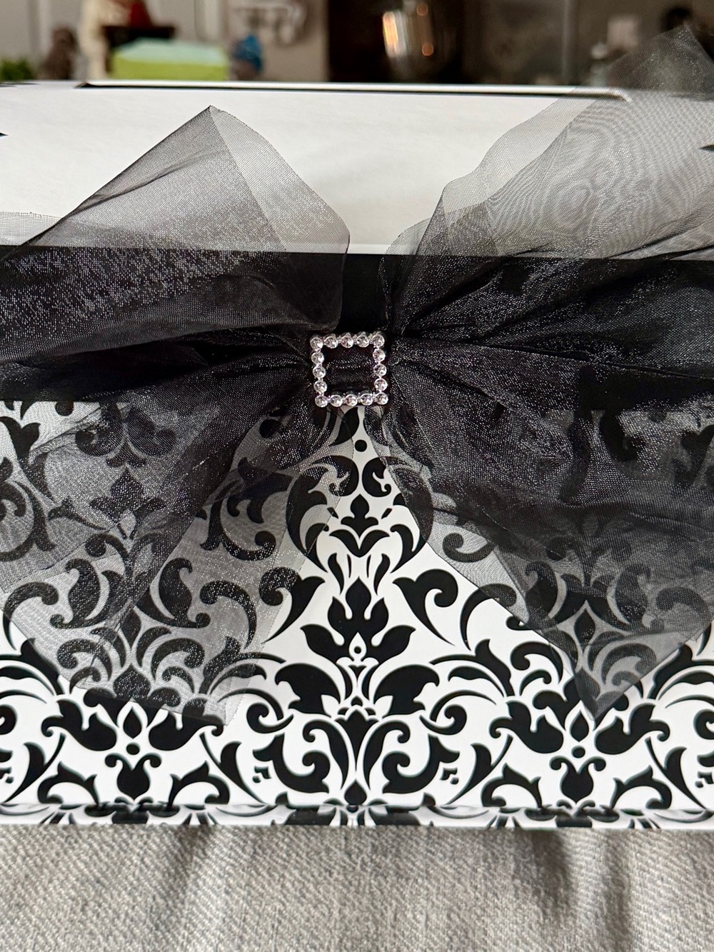 Black and White Damask Decorative Gift Box with Black Organza Bow